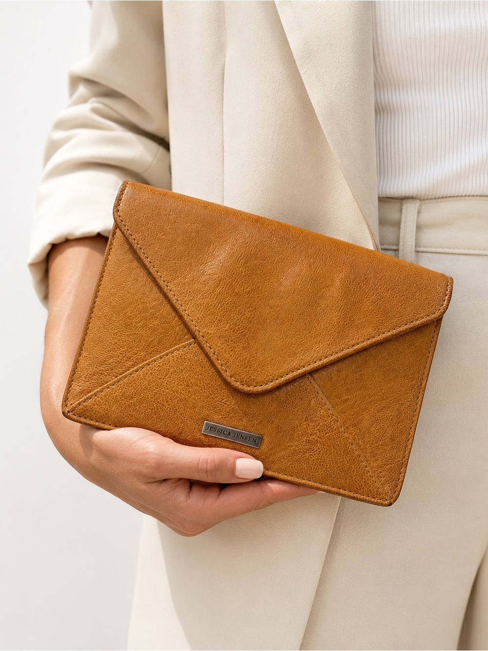 Jessica Jensen Genuine Leather Envelope Clutch Tan Camel Foldover Bag